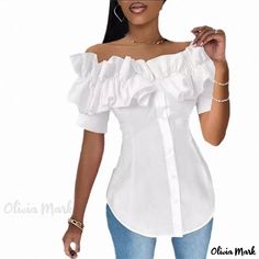 Olivia Mark - Innovative and Lovely Sweet Style Polyester Shirt with Cardigan Collar and Slim Fit Asymmetrical Hem Top, Pullover Mode, Off Shoulder Fashion, Hem Blouse, Weave Style, Ruffle Shirt, Ruffle Shorts, Sweet Style, Off Shoulder Tops