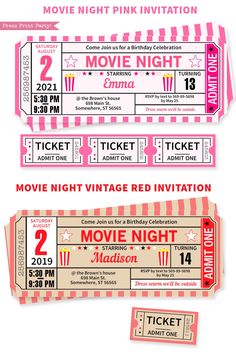 the movie ticket is shown in pink and white stripes, as well as red numbers