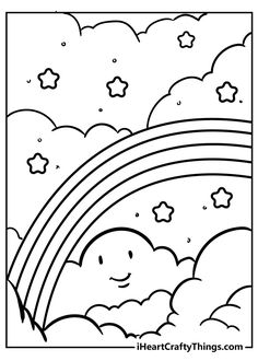 a coloring page with a rainbow in the sky and stars above it, as well as clouds