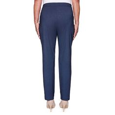 Style comfortably in these pull-on denim pants from Alfred Dunner Classics women's collection. They are made from a soft stretch fabric with a smooth elastic waistband, side pockets, and slim, straight legs. Wear them with a t-shirt and loafers. Front Style: Flat FrontFeatures: Stretch Fabric, Comfort WaistbandClosure Type: Elastic BackConcerns: Tummy SolutionsFit: Slim FitPockets: 2 Side Slip PocketsRise: Mid RiseFiber Content: 75% Rayon, 22% Nylon, 3% SpandexFabric Description: MillenniumLinin Denim Blue Straight Leg Bottoms With Pull-on Style, Classic Mid-rise Pull-on Bottoms, Comfort Stretch Blue Bottoms For Workwear, Classic Mid-rise Pull-on Pants, Pull-on Denim Bottoms With Tapered Leg, Blue Pull-on Style Bottoms For Workwear, Stretch Denim Blue Pants For Work, Blue Comfort Stretch Straight Leg Pants, Denim Blue Pull-on Tapered Leg Bottoms