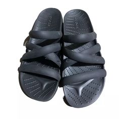 Crocs Rhonda Sandals Women's 6 Black Comfort Strappy Wedge Slip On Slide Nwot Black Slip-resistant Slides For The Beach, Black Slip-on Wedge Sandals For Beach, Black Slip-resistant Slide Sport Sandals, Adjustable Black Sandals With Cork-bed Midsoles, Black Synthetic Slip-on Wedge Sandals, Women's Crocs, Strappy Wedges, Crocs Shoes, Women's Shoes Sandals