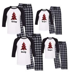 Outfit the whole family young and old. Nothing says Christmas like a red and black plaid tree. This festive flannel set comes with your name printed below the Christmas tree. Our personalized raglan pajama set is just what you need to sit back, relax, and enjoy the festivities. Make this your uniform for family game night and rip open those packages Christmas morning. Your options are endless. This cozy pajama set is so comfortable it will be your go to uniform all winter break long. Set include Black And White Christmas Pajamas, White Christmas Outfit, Christmas Tree Logo, Family Pjs, Family Pajama Sets, Plaid Christmas Tree, Cozy Pajamas, Family Christmas Pajamas, Matching Family Pajamas