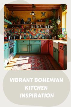 vibrant bohemian kitchen with colorful tile backsplash and red accents, including green cabinets