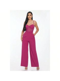 Elevate your style with our Mesh Insert Cup Wide Leg Jumpsuit, a stunning ensemble that effortlessly combines chic design with comfort. Crafted with attention to detail, this jumpsuit is sure to become a favorite in your wardrobe.

Key Features:
Fabric: Made from a blend of 90% polyester and 10% spandex, ensuring both comfort and flexibility.
Fit: Featuring a flattering wide-leg silhouette, available in sizes small, medium, and large.
Color: Available in vibrant magenta, adding a pop of color to Elegant Pink Jumpsuits And Rompers For Summer, Elegant Pink Strapless Jumpsuit For Summer, Trendy Solid Jumpsuits And Rompers For Date Night, Trendy Solid Color Jumpsuits And Rompers For Date Night, Elegant Strapless Jumpsuit For Summer Outings, Elegant Strapless Jumpsuit For Summer, Elegant Strapless Jumpsuit For Summer Going Out, Elegant Strapless Jumpsuit For Going Out In Summer, Chic One-piece Jumpsuit For Night Out