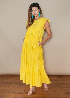 Tiered Yellow Ruffle Cap Sleeve Maxi Dress-$110 – Hand In Pocket Luxury Yellow Ruffled Maxi Dress, Hand In Pocket, Chunky Wedges, Baby Doll Dress, Sunny Yellow, Sleeve Maxi Dress, Layered Jewelry, Maxi Dress With Sleeves, Atlanta Ga