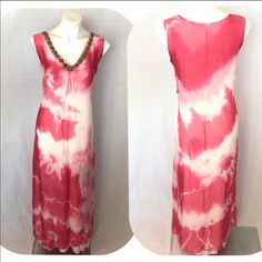 Nwot Sleeveless Pink/White Tye Dye Gold Trim/Sequins Around V-Neck Bust-18.5” Length-53.5” 5 Seller! E6 Tie Dye Maxi Dresses, Tie Dye Maxi, Gold Trim, Pink White, Colorful Dresses, Tie Dye, Dye, Maxi Dress, Trim