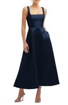 Take inspiration from the full-skirted silhouettes of the 1950s in this sleek sateen gown shaped with a fitted waist and topped with a sharply squared neckline. 49 1/2" length (size 8) Hidden back-zip closure Square neck Side-seam pockets Lined 100% polyester Machine wash, tumble dry Imported Formal Evening Wedding Guest Dress, Midi Gown, Midi Gowns, Dessy Collection, Guest Attire, Wedding Attire Guest, Square Neck Dress, Full Circle Skirts, Wedding Guest Outfit Summer