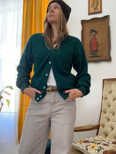 "Vintage hunter green, knit cardigan. Good condition- some pilling- can be seen in pic Label: Par Four - made in U.S.A. Label Size: Regular S **see measurements for accurate fit- measured straight across while laying flat- doubled at chest Shoulder to shoulder: 18\" Chest: 40\" Sleeve: 24\" Length: 25\" BROWSE MORE SWEATERS & CARDIGANS: https://www.etsy.com/shop/TheThriftMonster?ref=seller-platform-mcnav&section_id=20473195 BROWSE THE SHOP: https://www.etsy.com/shop/thethriftmonster/ C" Green Sweater With Button Closure For Work, Classic Green Workwear Sweater, Green Sweater With Button Closure For Fall, Green Button Closure Sweater For Fall, Green Workwear Sweater With Button Closure, Green Wool Sweater For Layering, Green Buttoned Sweater For Layering, Cozy Green Cardigan For Work, Green Button-up Workwear Sweater