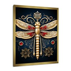 a gold and red dragonfly with pearls on it's wings, against a blue background