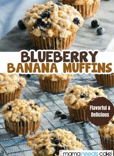 blueberry banana muffins on a cooling rack with the title text overlay