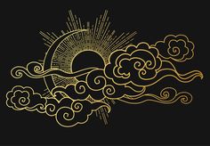 sun and clouds in the sky with gold outline on black background, hand drawn illustration