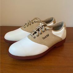 Nwt! Foot-Joy Soft-Joys Terrain Golf Shoes Tan/White #98632 Size 6 1/2” Toe To Heel 10” **New With Tag In Box Been In Storage Never Worn** White Low-top Golf Shoes With Laces, White Low-top Golf Shoes, White Round Toe Golf Shoes With Laces, Casual White Golf Shoes With Laces, White Golf Shoes With Cushioned Footbed And Round Toe, White Golf Shoes With Cushioned Footbed, White Low-top Golf Shoes With Rubber Sole, White Slip-on Golf Shoes With Cushioned Footbed, Classic White Low-top Golf Shoes