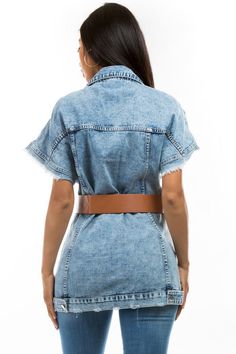 This denim vest jacket features a front button closure, short sleeves, and a side pocket with a belt for added functionality. This jacket offers a stylish front button closure and convenient side pocket with a belt. Expertly crafted with short sleeves, it's a versatile piece that adds functionality and fashion to your wardrobe. Model size small 5'8" 36-26-38 Bust 37 inches, Length 31 inches, Shoulder 28 inches. Fabric Contents: COTTON & POLYESTER Jacket Details, Biker Shirts, Leather Denim, Denim Shirt Dress, Denim Details, Leather Motorcycle Jacket, Leather Vest, Biker Style, How To Look Classy