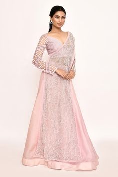 Lilac pink blouse with floral and lace embroidery. Comes with branch pattern embroidered draped dupatta with ruffled border and solid lehenga. - Aza Fashions Embroidered Long Sleeve Pre-draped Saree For Reception, Pink Floral Embroidery Pre-draped Saree For Party, Pink Floral Embroidered Pre-draped Saree For Wedding, Traditional Drape Pink Gown With Floral Embroidery, Pink Gown With Floral Embroidery And Traditional Drape, Designer Pink Gown With Chikankari Embroidery, Pink Lehenga With Chikankari Embroidery And Long Sleeves, Pink Pre-draped Saree With Floral Embroidery, Pink Embroidered Floor-length Pre-draped Saree