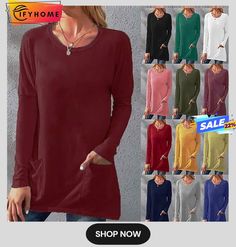 Women's Shirt Blouse Claret Armygreen Big Red Plain Pocket Long Sleeve Casual Basic Round Neck Long S Green Tops With Pockets, Casual Red Blouse With Pockets, Red Long Sleeve Blouse With Pockets, Plus Size Pullover, Shirt Casual Style, Long Sleeve Tops Casual, Women Shirts Blouse, Pocket Tshirt, Long Sleeve Casual