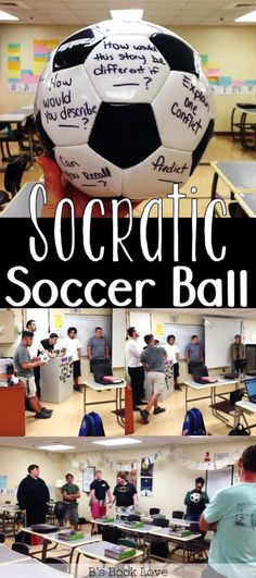 a collage of photos with soccer balls and people sitting around the room in front of them