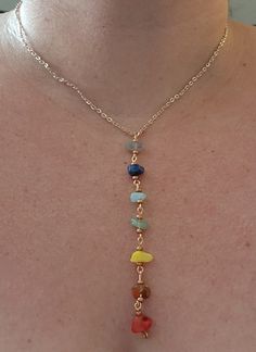 Balance your mind and body with this beautiful Chakra necklace. Made with authentic stones. Can be made with silver, black, gold or copper chain. Copper is the pictured chain. Pictured necklace is 10 inches. Keep in mind the length of the necklaces are total not just chain length, so the longer inches the longer it will hang off your chest. Crystal Necklaces Ideas, Adjustable Crystal Necklaces With Natural Stones, Adjustable Mineral Crystal Necklaces, Crystal Necklaces With Natural Stones For Healing, Healing Crystal Necklace With Natural Stones, Healing Multicolor Crystal Necklaces With Stones, Healing Crystal Necklaces With Adjustable Chain, Healing Crystal Necklace With Stones, Multicolor Mineral Crystal Necklaces For Jewelry Making