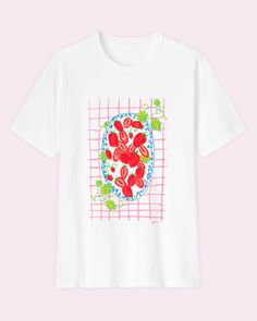 White t-shirt plate of strawberries 🍓 100% cotton Inkjet printing 🎨 White T-shirt With Fruit Design For Spring, White Graphic Print T-shirt For Brunch, White T-shirt With Strawberry Print For Spring, White Graphic Tee With Fruit Print, White Fruit Print Graphic Tee, White Crew Neck T-shirt With Strawberry Print, White Strawberry Print Graphic Tee, Girls Graphic Tee, Inkjet Printing