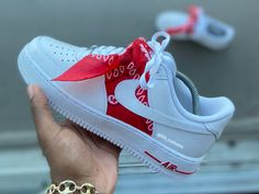 Custom Red Bandana Air Force 1s - Kiaun's Customs Red Bandana Shoes, Gang Aesthetic, Customized Shoes, Air Force Shoes, Pretty Sneakers, Custom Shoes Diy, Nike Shoes Air Force, Air Force 1s, Air Shoes