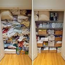 two pictures of an organized closet with clothes and other items in baskets on the shelves