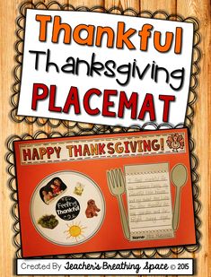 a thanksgiving placemat with the words happy thanksgiving above it and an image of a turkey