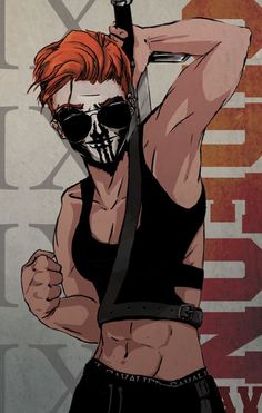 a drawing of a man with red hair and sunglasses holding a knife in his hand