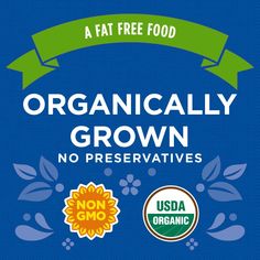 the organic grown food label is shown in blue and green with an arrow above it