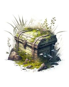 an old trunk sitting in the middle of some grass and rocks with plants growing out of it