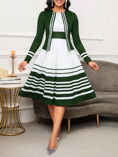 Ladies' Color Block Minimalist Daily Wear Jacket Dress Two Piece Set Dark Green Casual,Elegant    Colorblock,Striped  Medium Stretch  Women Clothing, size features are:Bust: ,Length: ,Sleeve Length: Woman Dresses Casual, Lifestyle Dresses, Classy Outfits For Women, Stylish Work Attire, Fashion And Beauty Tips, Dress Drawing, Classy Dress Outfits, Classy Work Outfits, African Design Dresses