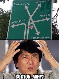 a man holding his head in front of a street sign that says, boston why?