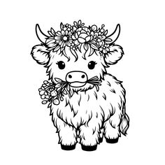 a black and white cow with flowers on its head