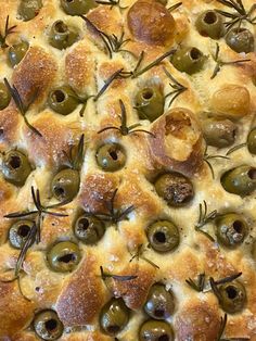 olives and bread with rosemary sprigs on top