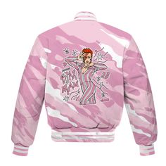 Brand Dunkare Orchid 4s Shirt - Starmans Graphics Colored All Over Print Baseball Varsity Jacket Punk Style Pink Long Sleeve Outerwear, Pink Cotton Urban Outerwear, Urban Style Pink Cotton Outerwear, Pop Culture Long Sleeve Outerwear For Streetwear, Pink Punk Outerwear For Streetwear, Streetwear Outerwear With Character Print, Streetwear Long Sleeve Outerwear With Character Print, Long-sleeve Character Print Streetwear Outerwear, Winter Character Print Outerwear For Streetwear