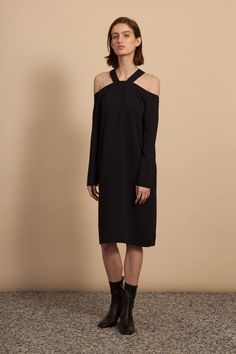 Info & Care Long sleeve "cold shoulder" dress in Stretch Crinkle Dry Clean Only 100% Polyester Made in the U.S.A. SKU: NF16D079 Size & Fit Model is 5'9" and wearing size 4 Cold Cut, Black Fringe Dress, Lace Pants, Cut Dress, Black Satin Dress, Cowl Neck Dress, Overlay Dress, Fringe Dress, Fashion 101