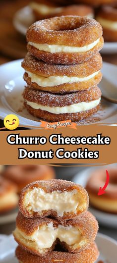 there are several donuts stacked on top of each other with the words churro cheesecake donut cookies