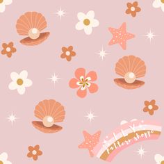 a pink wallpaper with shells and flowers on it