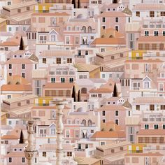 an artistic wallpaper with houses and buildings in pastel colors, including pinks and browns