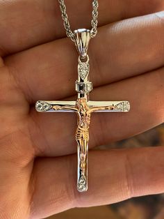 "Gorgeous handmade men's or women's crucifix pendants 3 choices of finish: Yellow gold cross w. silver jesus Silver cross w. yellow gold jesus Silver cross w. rose gold jesus Nice size 1.75\" x 1.25\" (2\" with bale) Weighs around 5 grams Handmade in Italy! Will never turn green! SOLID 925 SILVER...stamped 925 IF YOU ONLY WANT PENDANT, SELECT \"0\" CHAIN Buy pendant only or with choice of 2mm rope chains Chains also made in Italy & are solid sterling silver Ships fast" Silver Cross Pendant For Men, Silver Cross Necklace Mens, Cross Pendant For Men, Pendant Necklace Men, Gold Chains For Men, Silver Cross Pendant, Cross Chain, Jewelry Lookbook, Mens Pendant