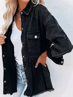 Womens Black Coat, Denim Jacket Winter, Jean Jacket Women, Denim Patterns, Black Denim Jacket, Denim Button Down, Denim Jacket Women, Boho Stil, Denim Coat