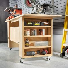 a workbench with tools and other items on it