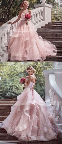 two pictures of a woman in a pink dress on the stairs, one is wearing a flower