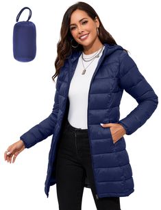 PRICES MAY VARY. PACKABLE: Easily pack the lightweight puffer jacket into the matching drawstring travel pouch. The packable design and stylish look make the jacket perfect for casual occasions and outdoor activities. DETAILS: This mid-length puffer jacket falls just above the knee, and features an attached hood with binding hem, elastic cuffs to keep the wind out. WATER-REPELLENT: These winter jackets for women are zip-up hoodie trendy overcoats made of high quality fabric, they are windproof a Travel Nylon Puffer Jacket, Travel Nylon Puffer Jacket With Pockets, Winter Travel Nylon Puffer Jacket, Lightweight Solid Outerwear For Winter, Lightweight Solid Winter Outerwear, Casual Packable Puffer Jacket For Outdoor Activities, Winter Packable Puffer Jacket For Outdoor Activities, Hooded Puffer Jacket For Fall Travel, Casual Puffer Jacket For Travel