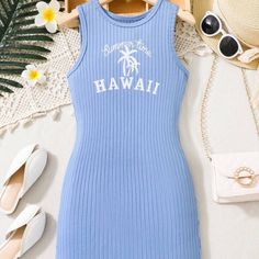 New In Bag! Shein Preteen Palm Tree & Letter Graphic Tank Dress “Summer In Hawaii” - Size 11-12y All Of My Items Come From A Smoke Free And Pet Free Home! :) Summer In Hawaii, Shein Dress, Shein Dresses, Dress Summer, Tank Dress, Kids' Dresses, Graphic Tank, Palm Tree, Palm Trees