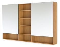 a wooden cabinet with two mirrors on top of it and shelves below the doors that are open