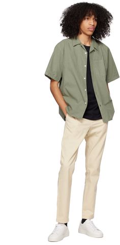 Garment-dyed tencel- and cotton-blend poplin shirt. · Open spread collar · Button closure · Patch pocket · Mother-of-pearl hardware Supplier color: Dried sage green Casual Olive Shirt With Pockets, Casual Green Unstructured Shirt, Khaki Cotton Short Sleeve Shirt For Spring, Spring Khaki Cotton Short Sleeve Shirt, Olive Cotton Short Sleeve Shirt, Green Casual Short Sleeve Shirt For Work, Olive Cotton Summer Shirt, Casual Green Short Sleeve Shirt For Work, Summer Olive Cotton Shirt