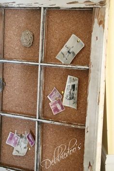 an old window is filled with photos and magnets to make a diy memo board