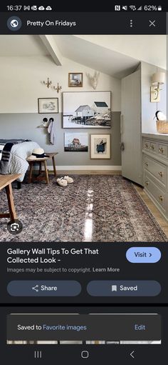 an image of a bedroom with pictures on the wall and furniture in the room below