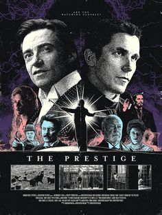 the prestige movie poster with two men looking at each other in front of purple lightning