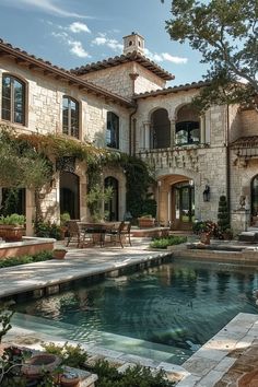 a large house with a pool in front of it