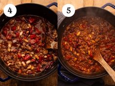 two pans filled with chili and beans on top of a wooden table next to each other